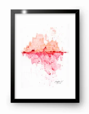 Contraste, acuarela sobre papel de Geraldine Marquez. Composición abstracta simétrica en tonos rojos, rosados y anaranjados sobre fondo blanco: una forma superior en degradado naranja y salmón se refleja como espejo en una forma inferior rosa y roja, separadas por una línea horizontal de rojo intenso. Salpicaduras y goteos de pintura en distintos tonos de rojo rodean ambas formas. Obra firmada por la artista en la esquina inferior derecha.