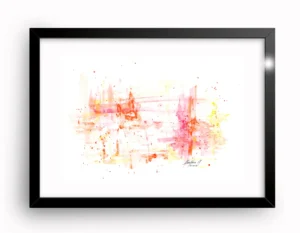 Destellos, acuarela sobre papel de Geraldine Marquez. Composición abstracta horizontal en tonos rosa, naranja, rojo y amarillo sobre fondo blanco, con pinceladas cruzadas en distintas direcciones que se superponen creando manchas de color más intensas donde se encuentran. Numerosas salpicaduras de pintura roja y naranja distribuidas por toda la superficie aportan textura y movimiento. Obra firmada por la artista en la esquina inferior derecha.